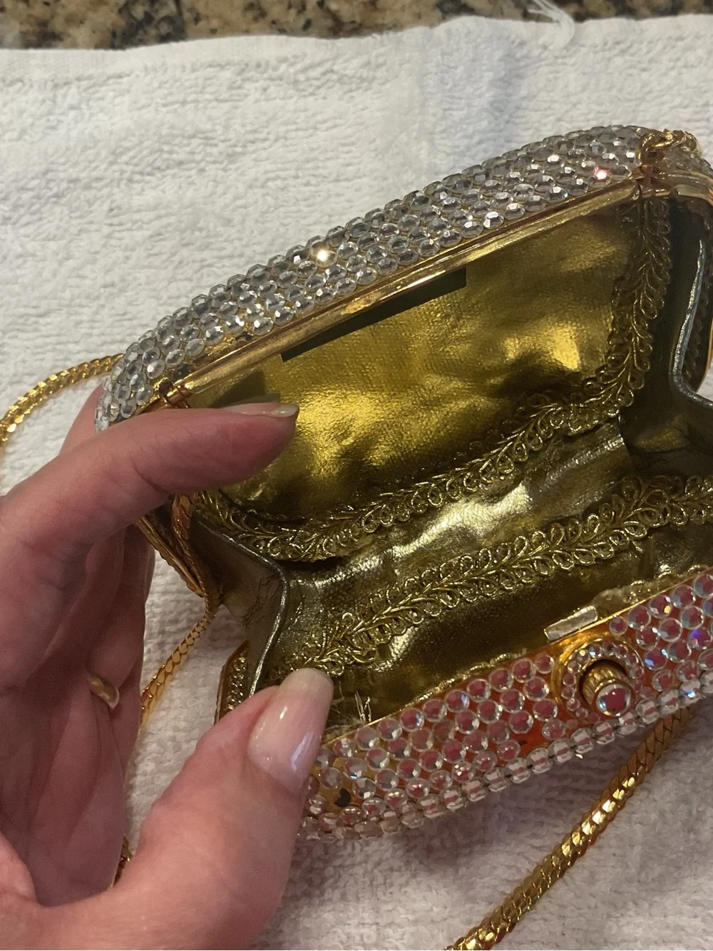 Silver Crystal Evening Clutch with Gold Chain Strap